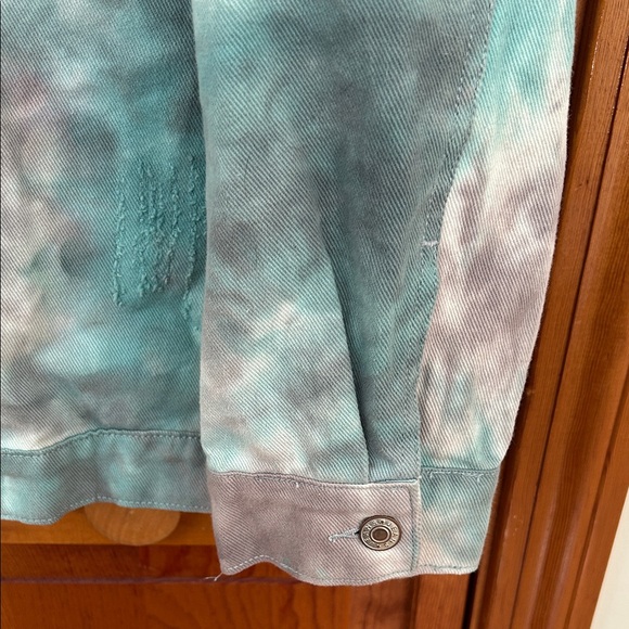 Oddy Teal Gray Tie‑Dye Distressed Denim Jacket Plus Size 2X/3X NWT - Picture 4 of 11